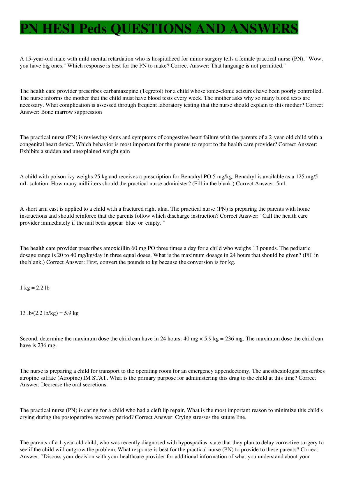 Preview image for PN HESI Peds QUESTIONS AND ANSWERS